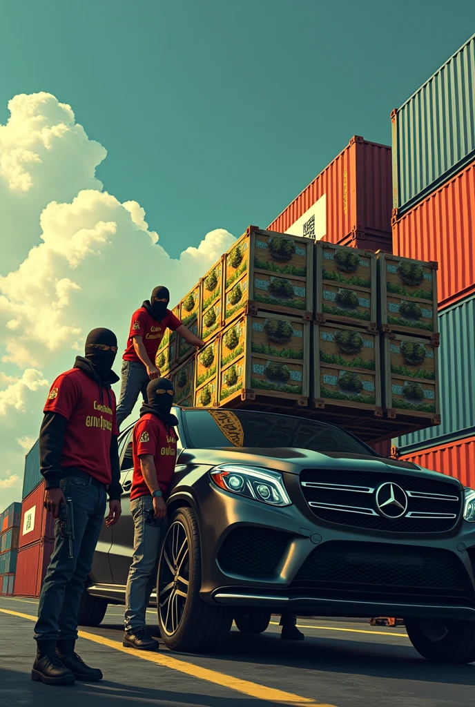 An animated image where a container full of packaged weed is being unloaded in a container port by several people and all people are wearing a Moroccan jersey and are fully masked and with weapons and the weed is being loaded into the trunk of a Mercedes SUV and at the top of the image the name „STARIOTZ“ is written in large letters