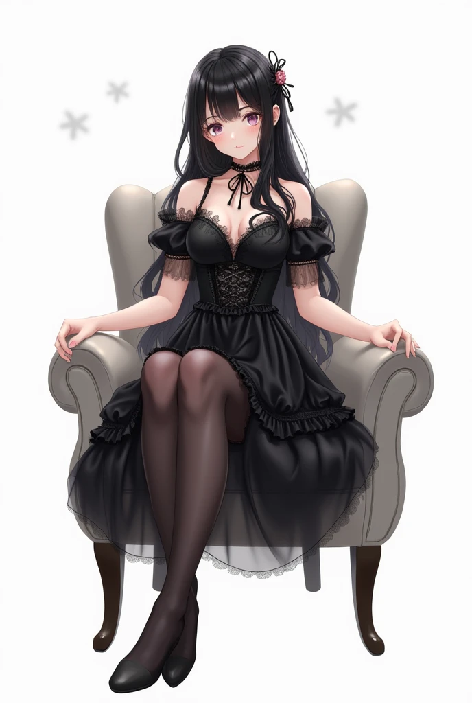 ((masterpiece))),(((best quality))),((Extremely detailed)), ((illustration)),floating, ((Extremely delicate and beautiful)),Super cute black hair,Black ta dress girl. 8K ultra-high quality, Delicate texture, Pure white background,(Wear black pantyhose),Show long legs,sit on the chair,18-year-old girl