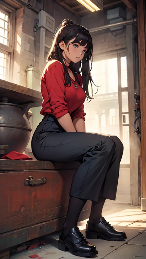 full body of girl in trousers sitting, perfect body