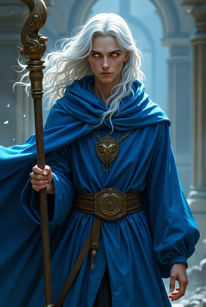 Male wizard in blue robe holding staff, long wavy white hair, yellow  eyes, age 20 years