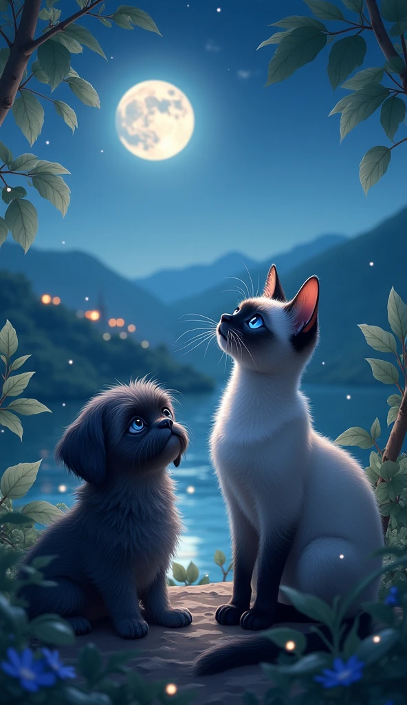 a Siamese cat with blue eyes and a shih tzu looking at the moon and the night lights, a beautiful landscape, leaves with dew drops reflecting the moonlight