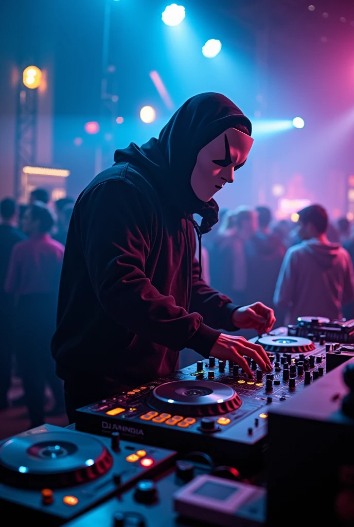 , dj , with a white mask, PLAYING AT A LIVELY PARTY , dj ESTA VIRADO DE FRENTE , MOSTRA SOMENTE O dj COM A CONTROLADORA E TODO O RESTANTE DOS EQUIPAMENTOS