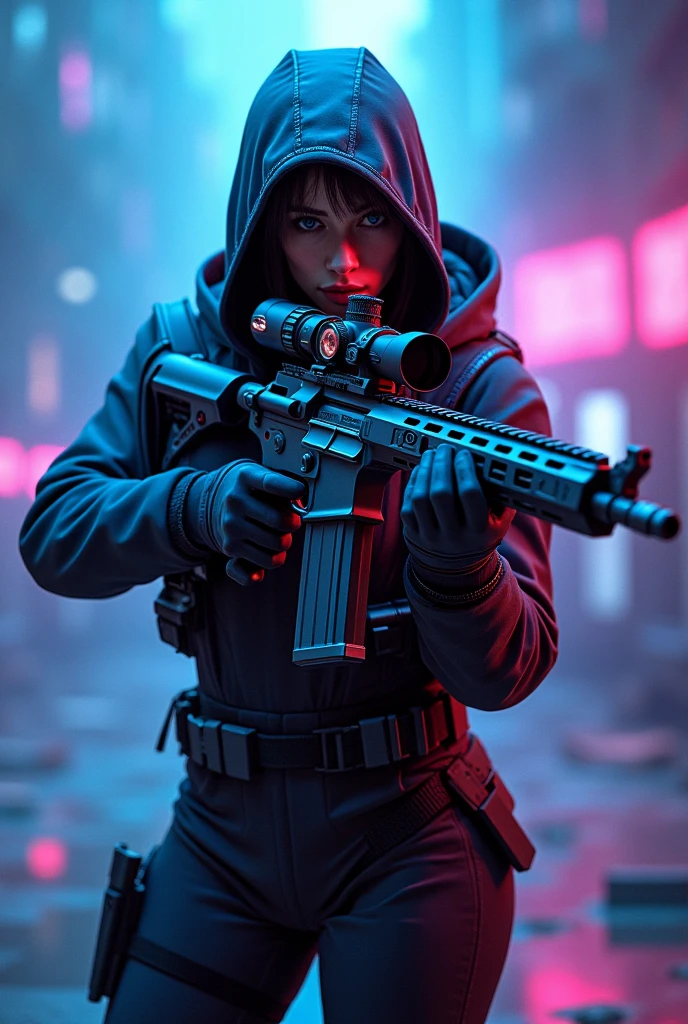 Photo for a flashy futuristic game profile with a sniper character with a sniper rifle and a very flashy logo called GW in the center of the image with blue, purple and black colors. 