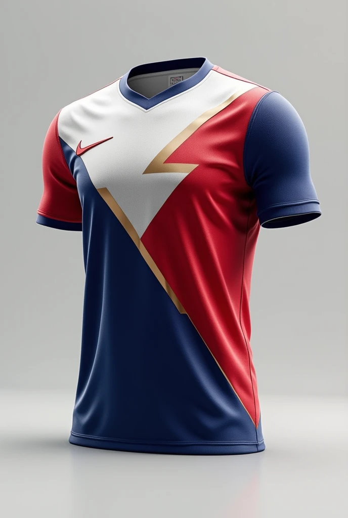 Create another modern professional football jersey with white blue red and gold colors