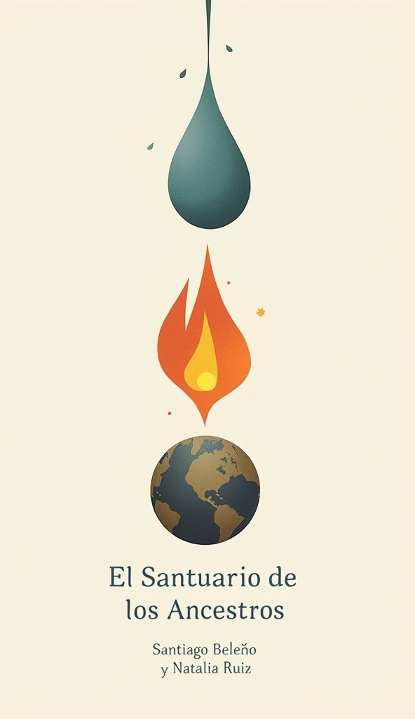 Design a minimalist book cover for a fantasy-drama story titled 'El Santuario de los Ancestros.' The cover should feature three symbolic elements: water (representing emotions and adaptability), earth (representing stability and security), and fire (representing energy and passion). The design should be simple and elegant, using soft, muted colors for water and earth, with a contrasting vibrant touch for fire. Incorporate abstract, flowing shapes that hint at these elements without being overly literal. The title 'El Santuario de los Ancestros' should be prominently displayed in a clean, modern font, centered on the cover, with the authors’ names 'Santiago Beleño y Natalia Ruiz' at the bottom in smaller text. The overall mood should evoke balance, harmony, and subtle mystery.