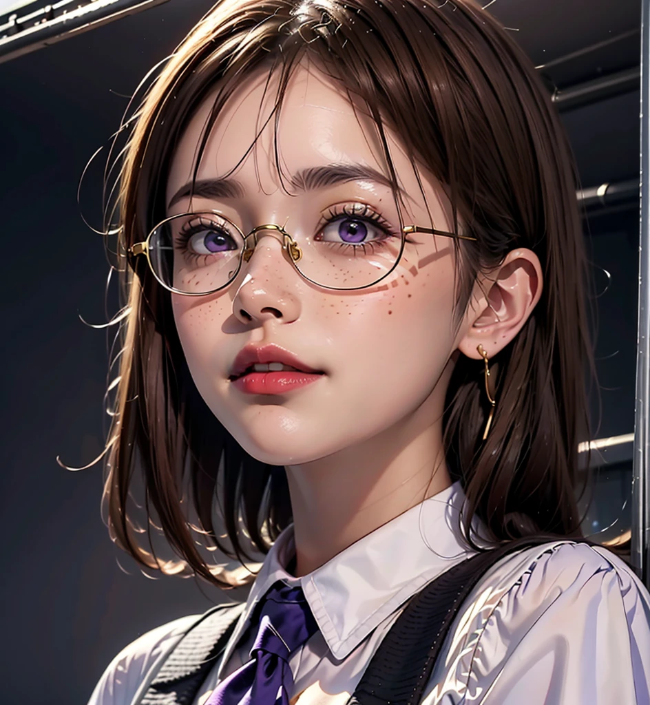 1 girl, 24 years old, japanese, 4K, masterpiece, realistic, shiny skin, texturized skin, long whavy brown hair with bangs, purple eyes, purple eyeliners, shining red lips, freckles, very large breasts, golden necklase, golden earings, big round glasses, unbottoned white school uniform, boob tent, smile, closed mouth, bright colors, blurry background, close up, face focus, portrait.