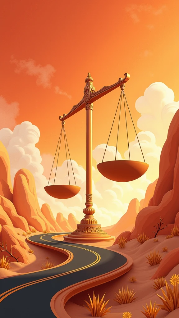 poster design,The road winds through the huge balance,The scales representing law,Exaggerated composition,Virtual Reality,Wealth Elements,Gold Tone,Illustration Design,Flat,Fractal Art,masterpiece,Clean picture