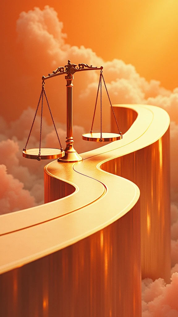 poster design,The road winds through the huge balance,The scales representing law,Exaggerated composition,Virtual Reality,Wealth Elements,Gold Tone,Illustration Design,Flat,Fractal Art,masterpiece,Clean picture
