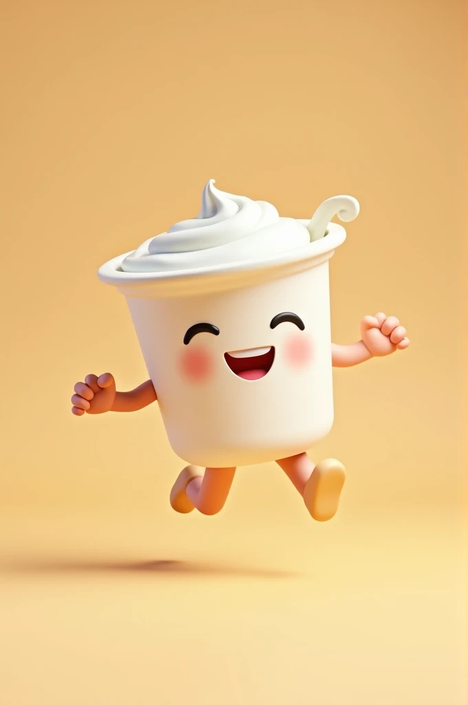 make an animated yogurt jumping (smiling) with beige background