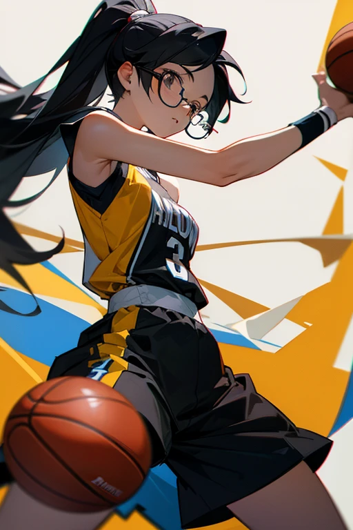 A girl wearing glasses and tying her black hair in a basketball uniform shows off her figure.