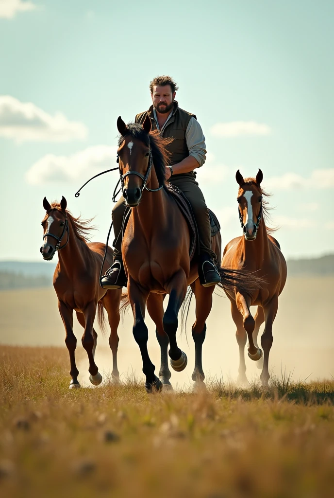 a man riding a running horse followed by two baby horses
