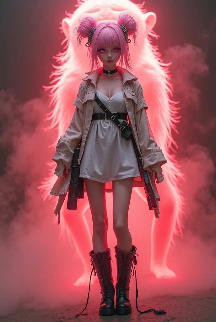 White miniskirt dress with black boots、Full image of a girl in combat gear with pink eyes、Monkey Background、Ghost of a monkeyのオーラが背景、Pink eyes and twin bun hair、A beautiful girl in a white one-piece dress and combat gear is surrounded by a red monkey aura in the background.、Full image of the girl、Smaller breasts、Ghost of a monkey、Ghost of a monkey
画像全体を枠内に収まるように。