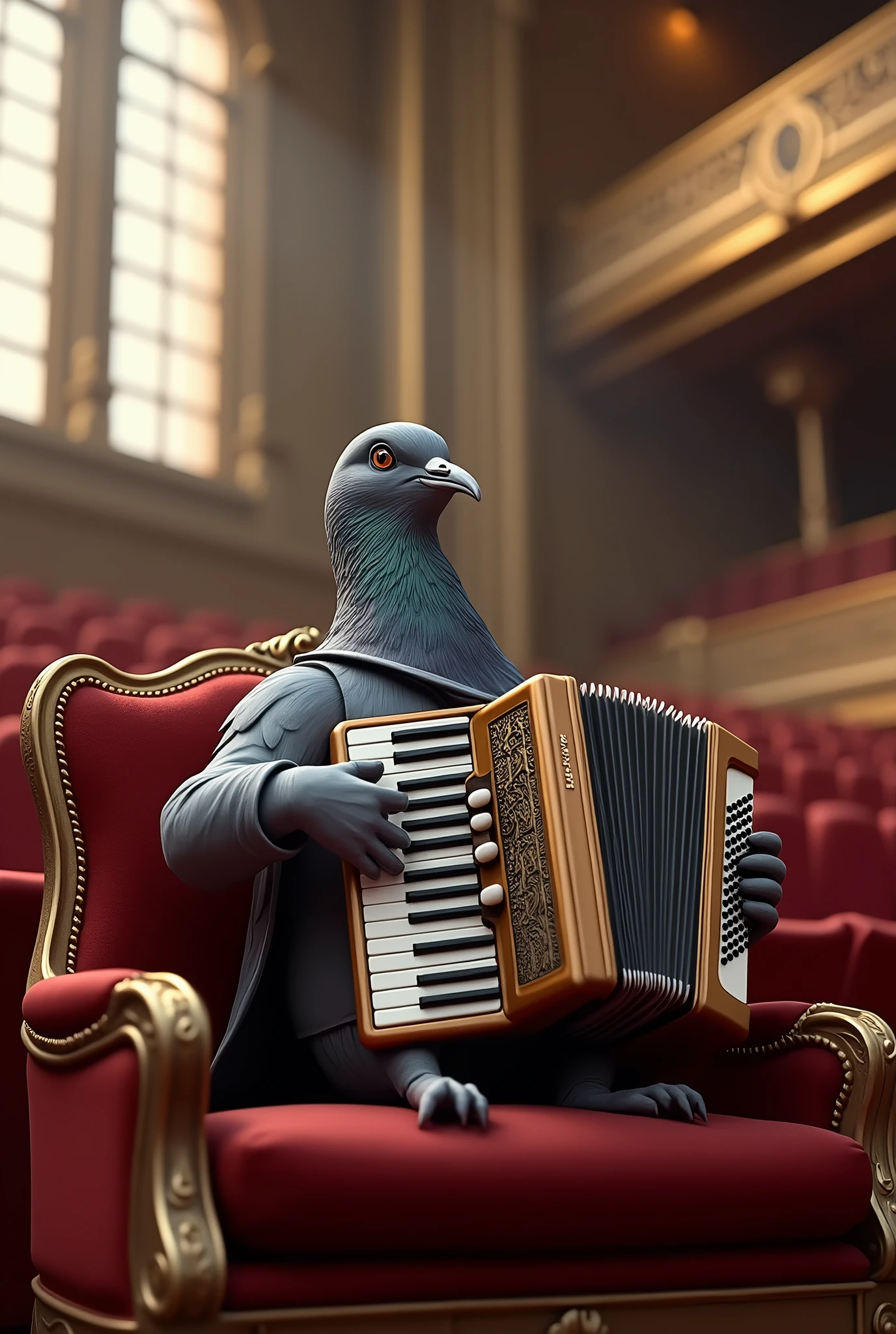 grey pigeon playing the accordion in a concert hall, realistic image