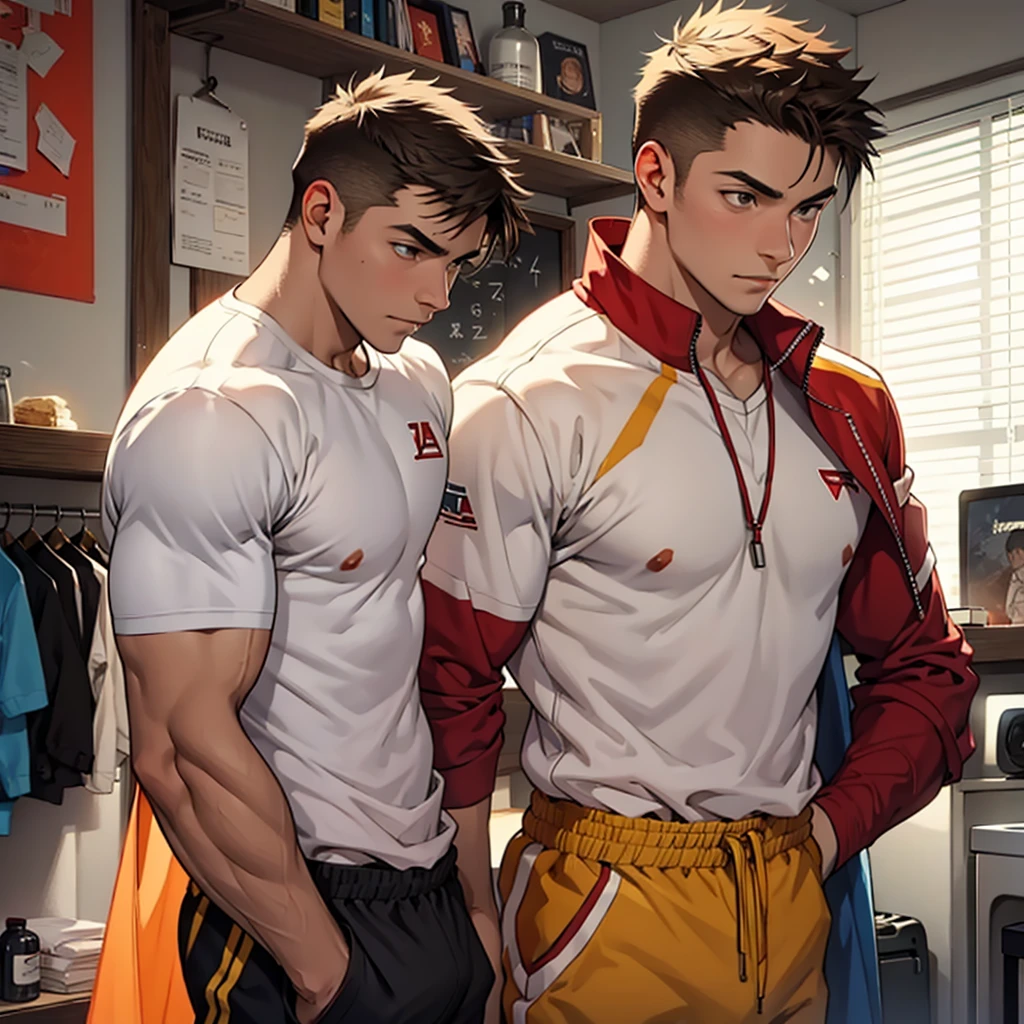 Young-faced man, adult, athletic body, He wears a king's suit, blonde hair, bright yellow hair, short, seeds, short en los laterales de la cabeza, slanted red eyes, tez morena, villain look, background of a castle