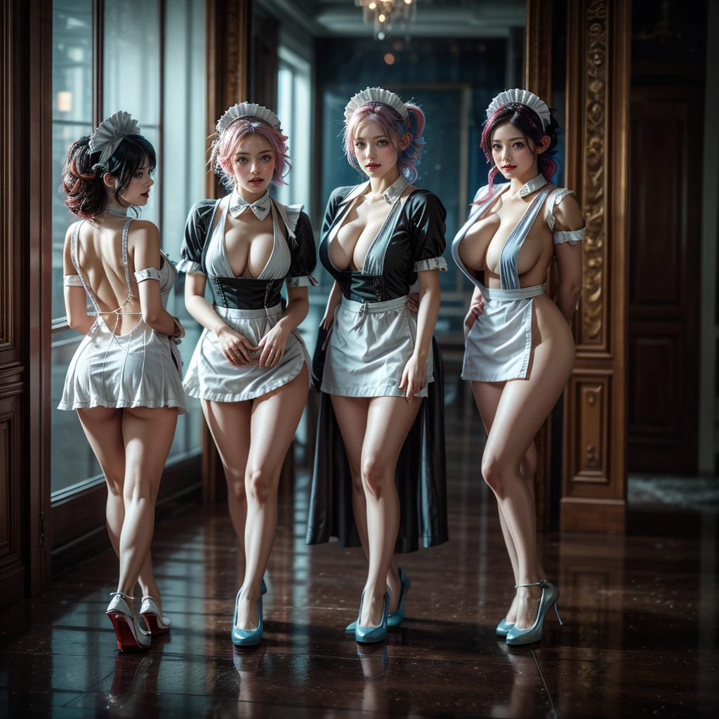 (Full Body of Extremely Detailed((Sexy Maid Group in a row:1.37))), KAWAII perfect face with Reflective Eyes, Detailed(Delicate Clothing textures), Correct Graceful Legs, Dynamic Joyful Expressions LifeLike Rendering, Specular Reflection, TopQuality 8K Ultra-detailed masterpiece (ProfessionalPhoto:1.37), (Acutance:0.8), (Luminism:1.28), Renaissance art style, Colorful Light particles, (Full body from side) {MicroMini Skirt|Kissing Face to Face|Thigh Gap|Cute Peach AssFocus|(NakedApron with (Overflowing Sideboob))}, Radiant Fine Skin with Transparency, {Pink Hair|LightBlue Hair|Blonde|Pure White Hair|Liquid Hair|Red Shoes}, Perfect Lighting