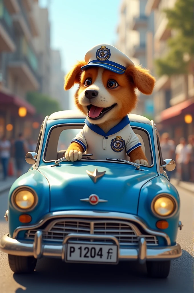 Generate me an image of a dog taxi driver and the taxi is from Cruz Azul