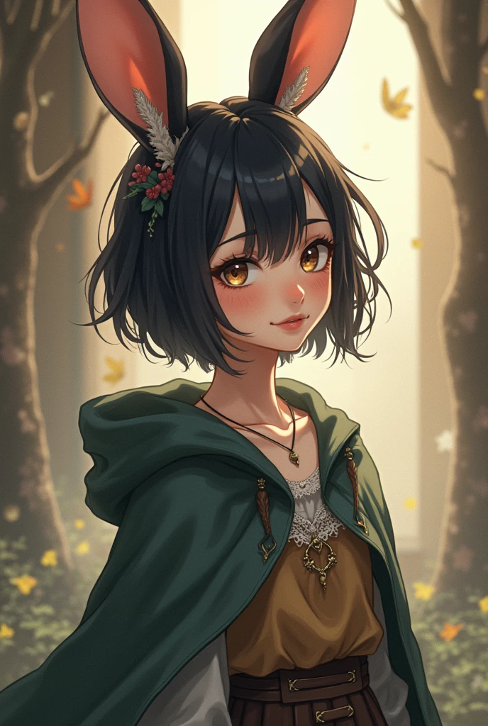 furry,anime girl, coelha, cute girl, human girl, rabbit ears, little red hiding hood, woman ,big boobs, black hair, tall , short hair , arms, antique clothes, short hair Short hair, short hair, little hair