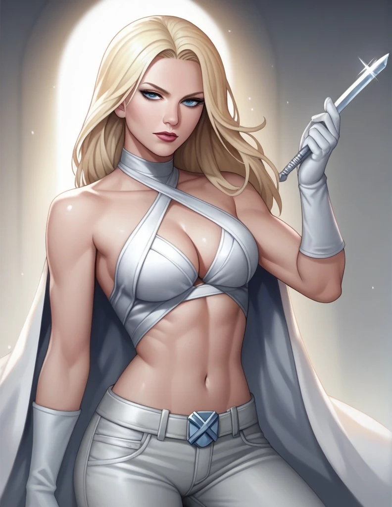 score_9, score_8_up, score_7_up, score_6_up, score_5_up, score_4_up, source_anime,((EF_WntXM_SDXL)), gorgeous emma frost female, beautiful eyes, seductive ,intense gaze,seductive expression,soft lighting,hentai, safe,medium breasts, Emma Frost, bare shoulders, cleavage,(halterneck bikini top, criss-cross halter,criss cross from top to pants) ,super short gloves,pants,all white ,(X-MAN)Anime Style, High Details, HD, High Quality,(MARVEL),