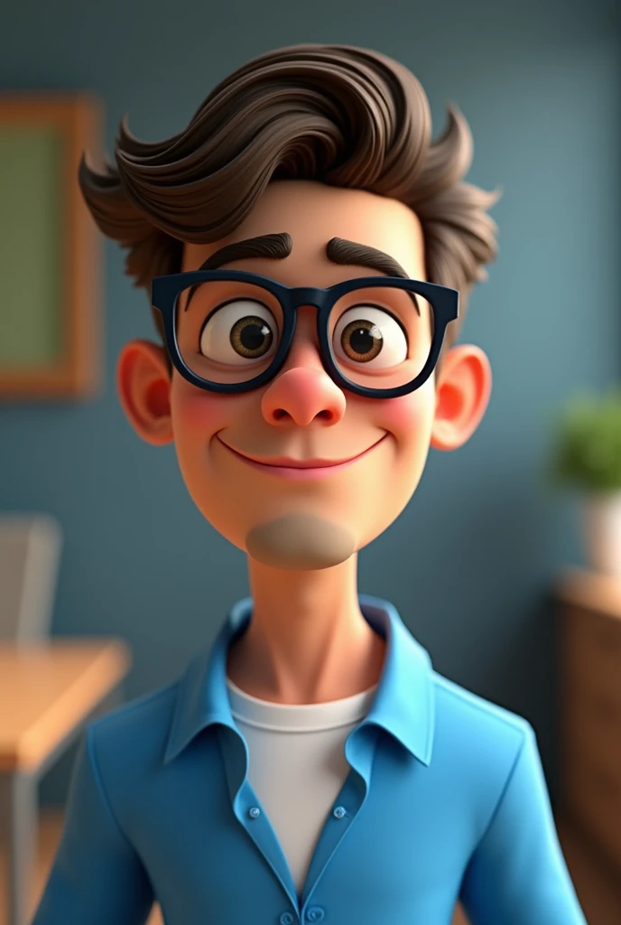 Cartoon character of a man wearing black glasses and a blue shirt, um personagem animado, Caractere estilizado, animation style rendering, 3D estilizado, Arnold Maya render, 3 d render stylized, toon render keyshot, Personagem 3D, Personagem 3D, 3d rendering stylized, 3 d character render, personagem de desenho animado, Personagem de close up, Pose de personagem, (Estilo Pixar) (master part:1.2) (Bokeh) (best quality) (pele detalhada) (textura detalhada) (8k) (argila) (Cinematic lighting) (foco nítido,Senta e vaza a parte superior do corpo