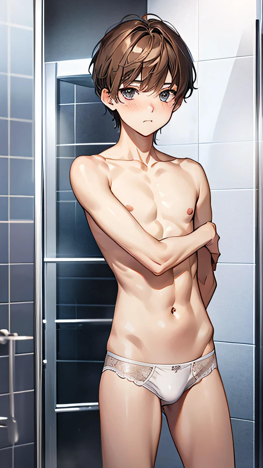 Highest quality、Realistic、zoom、man、cute、Grey Eyes、Light brown hair、short hair、White briefs、thin、Pouting、、shower room、Cowboy Shot