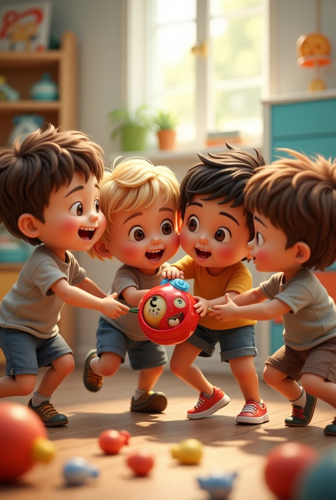 Create an image of a story where you can see children fighting over a toy