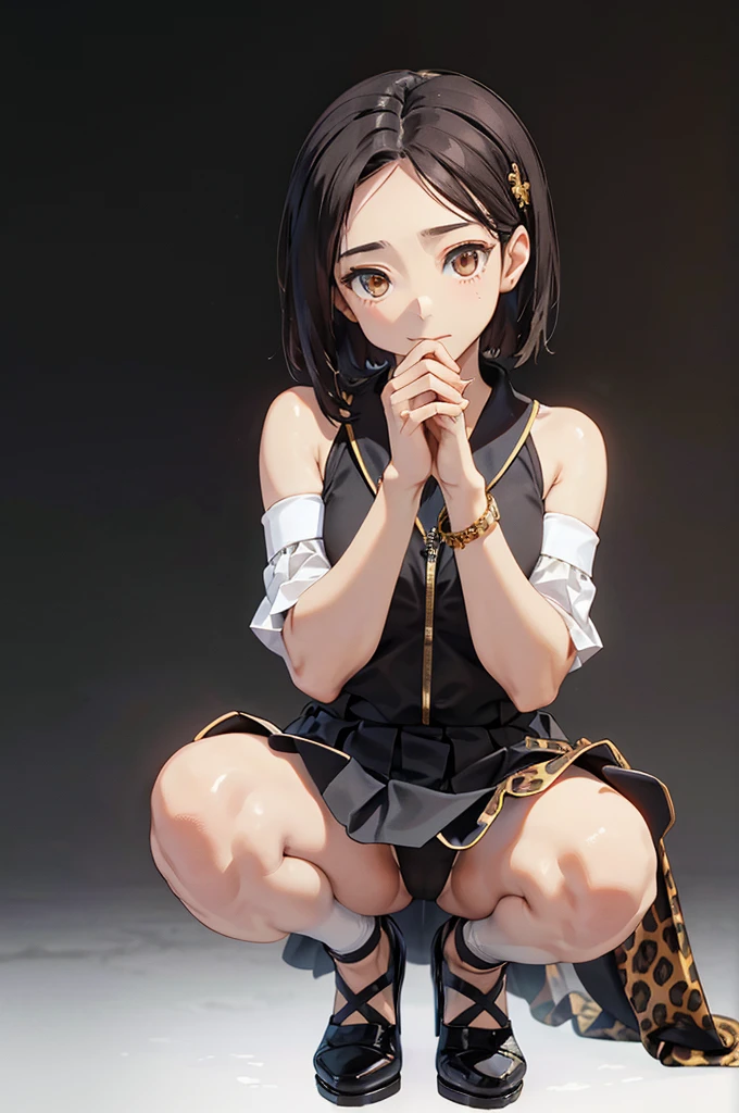 Black background with spotlight,1people々((White skin:1.5,Dark brown eyes:1.4,Black Hair:1.3,Gal Style,big ,)), Leopard print underwear、rinwell , beautiful girl、Raise your hands to show your sweaty armpits,peeing、squatting、、high heels、shoes、hands on knees、touching vagina、