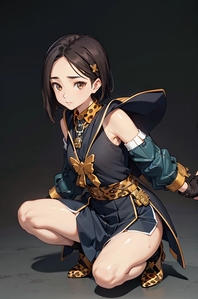 Black background with spotlight,1people々((White skin:1.5,Dark brown eyes:1.4,Black Hair:1.3,Gal Style,big ,)), Leopard print underwear、rinwell , beautiful girl、Raise your hands to show your sweaty armpits,peeing、squatting、spread legs、high heels、shoes、hands on knees、touching vagina、