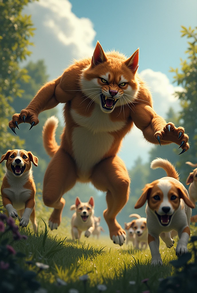 Whiskers Chasing Away the Dogs:
   - Prompt: "A dramatic scene where Whiskers, the cat-human hybrid, is seen driving away a group of scared, retreating dogs from a garden. Whiskers stands tall and , his fur bristling, and his clawed hands outstretched as he growls at the fleeing dogs. The dogs are shown running away with expressions of fear and surprise. The sky is clearing up as sunlight begins to break through the clouds, symbolizing the victory of Whiskers in protecting his kitten."