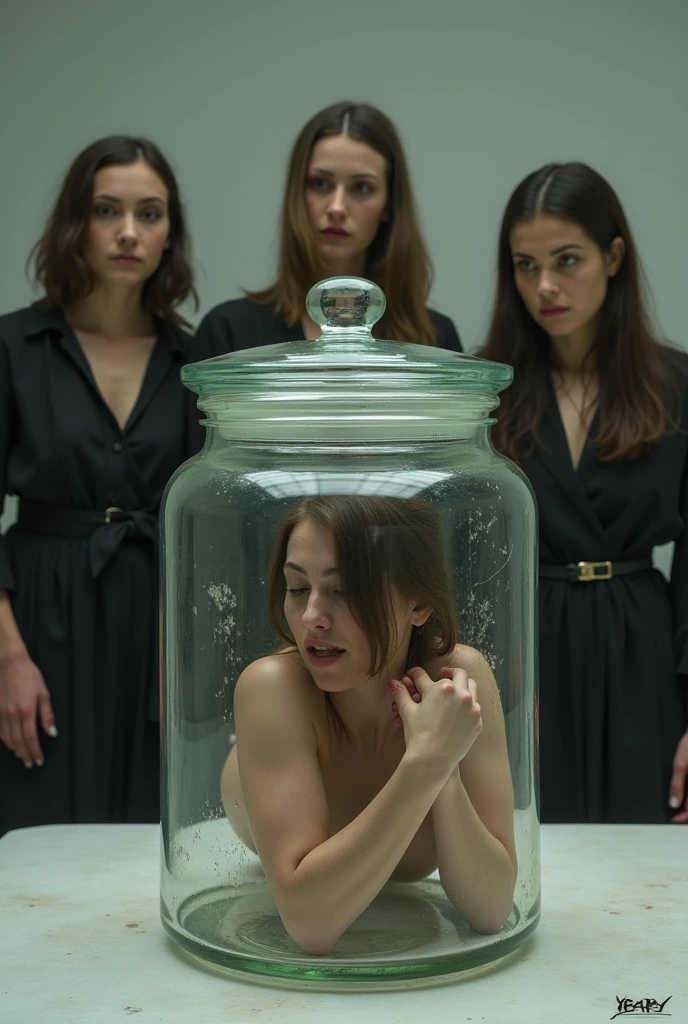 Confined in a small transparent glass jar with a lid、Woman trying to escape 、((Completely naked:1.4))、Three fully dressed women look on with interest、