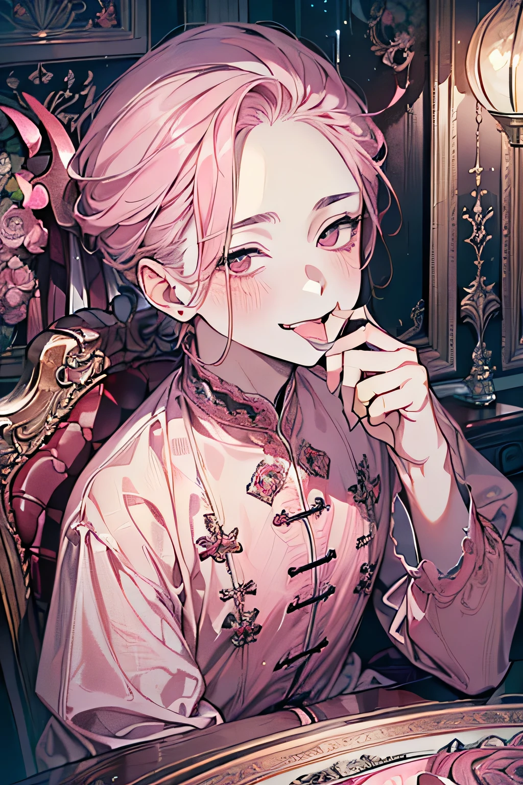 ((male:1.5)),(Forehead Mark),(Silky Pink Hair:1.2),((Devil's Point:1.2)),(A nihilistic smile:1.5),((A room full of sexy atmosphere:1.25)),(National Foundation:1.1),((high quality:1.1)),((Perfect face:1.2)),((Beautiful images:1.1)),Close-up of face,(blush,Fall into happiness:1.3),((Antique furniture and tableware:1.1)),((Open your mouth，Sticking out tongue:1.3)),((look up:1.2))