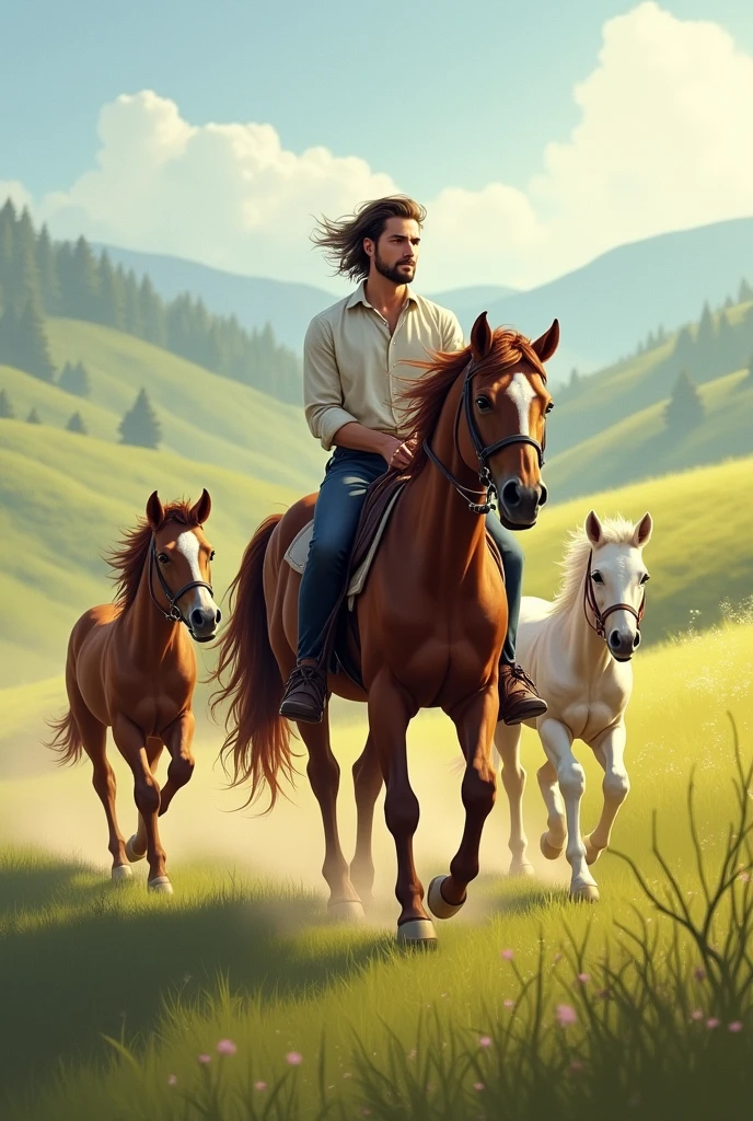 A man rides a horse and behind him are two baby horses.