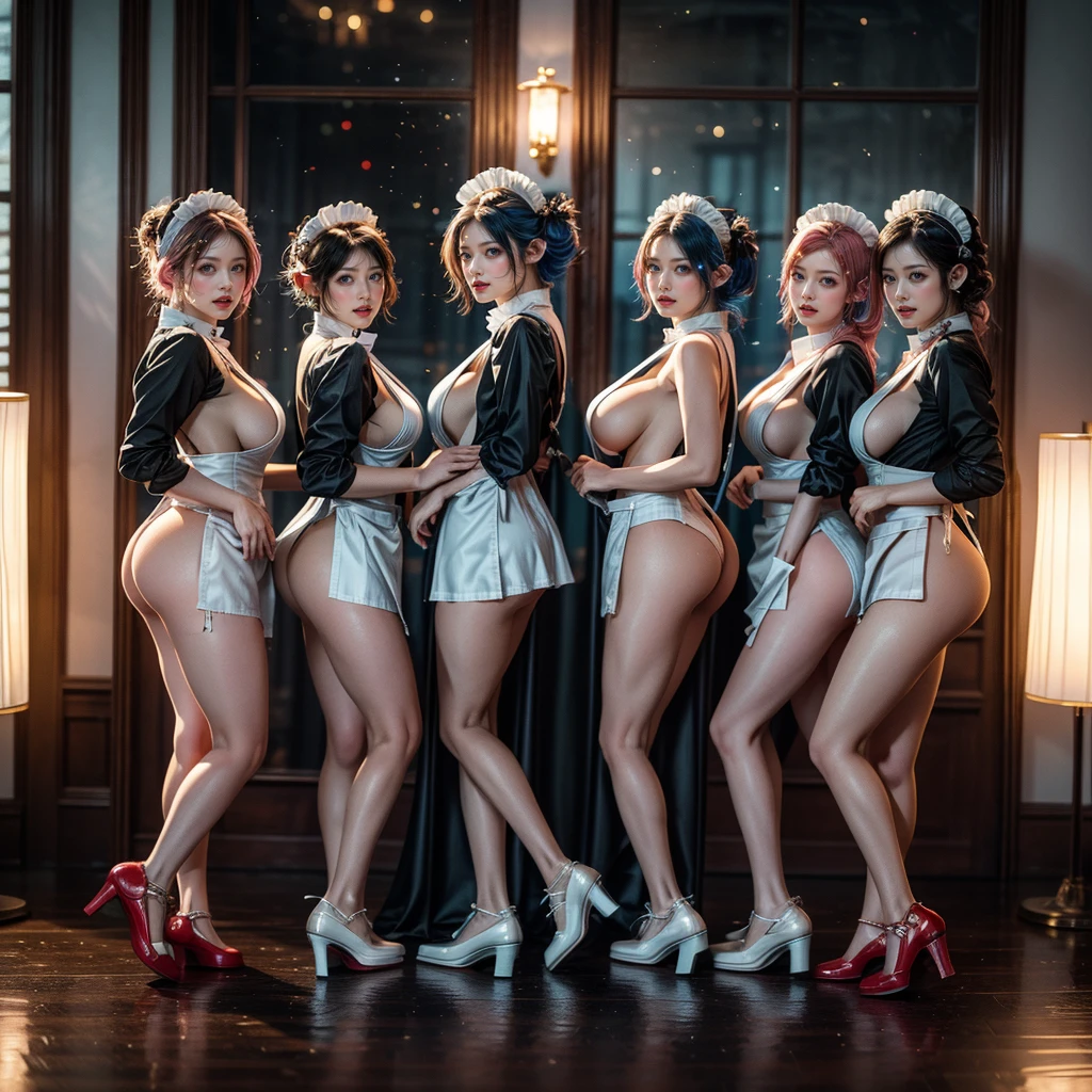 (Full Body of Extremely Detailed((Sexy Maid Group in a row:1.37))), KAWAII perfect face with Reflective Eyes, Detailed(Delicate Clothing textures), Correct Graceful Legs, Dynamic Joyful Expressions LifeLike Rendering, Specular Reflection, TopQuality 8K Ultra-detailed masterpiece (ProfessionalPhoto:1.37), (Acutance:0.8), (Luminism:1.28), Renaissance art style, Colorful Light particles, (Full body from side) {MicroMini Skirt|Kissing Face to Face|Thigh Gap|Cute Peach AssFocus|(NakedApron with (Overflowing Sideboob))}, Radiant Fine Skin with Transparency, (Exposed:0.4) {Pink Hair|LightBlue Hair|Blonde|Pure White Hair|Liquid Hair|Red Shoes}, Perfect Lighting