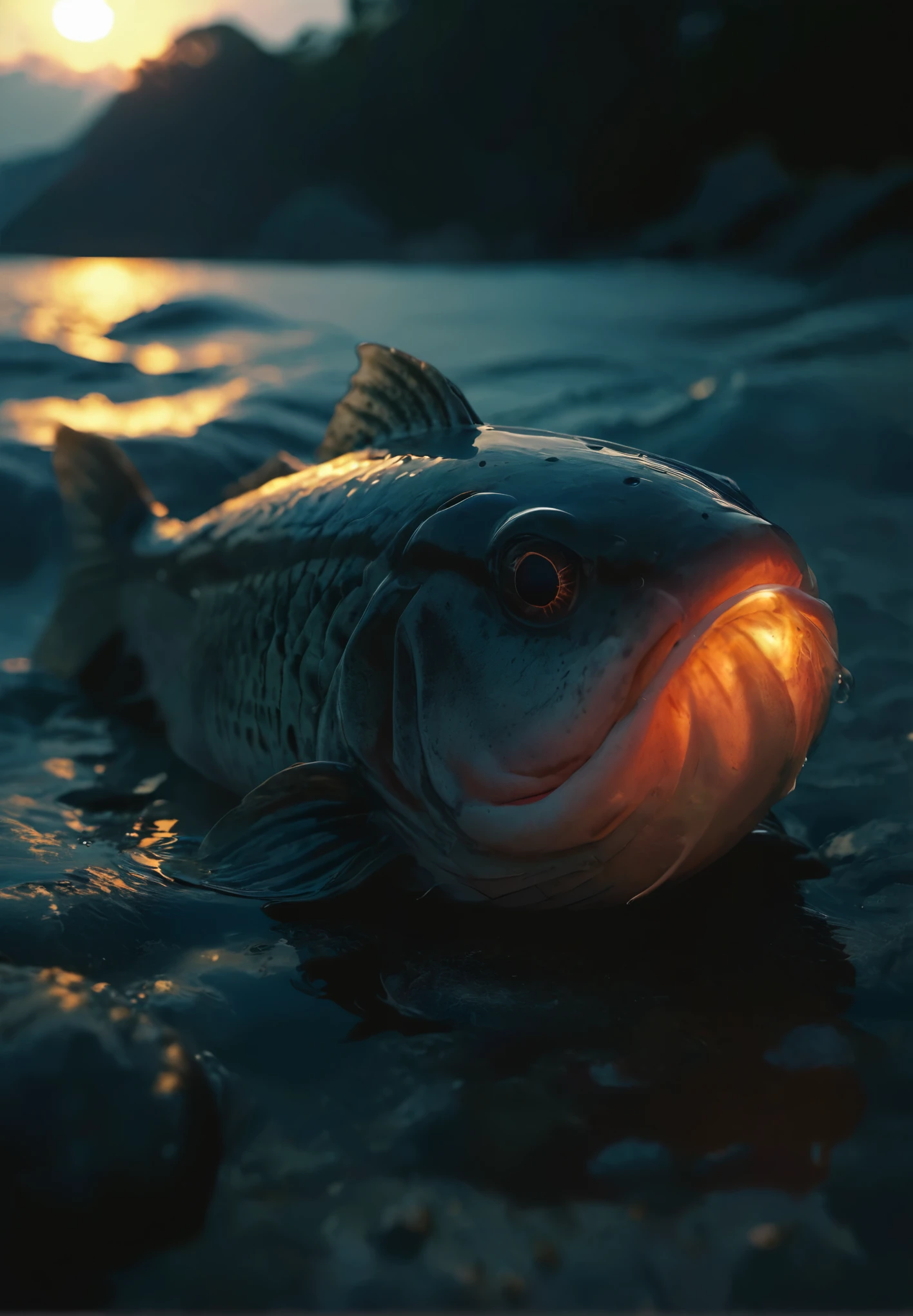 serene (sleeping:1.2) fish, rugged, dusk, water, contagious (yawn:1.2), dark, calm, slumber incoming, realistic, highly detailed, dark, nighttime, backlight, sss,  