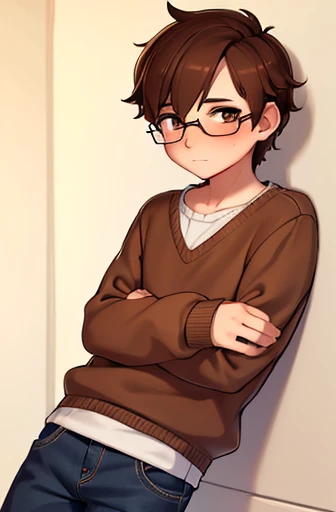 1boy 16 year old, overside sweater, drak brown hair, jean shorts, glasses, shy, blushing