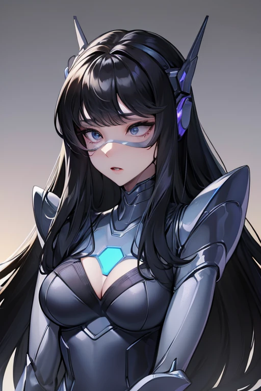 empty eyes,robotization,woman ,big bust,Robot Joint ,Metal skin,Black Suit,long hair,a black suit that covers the whole body