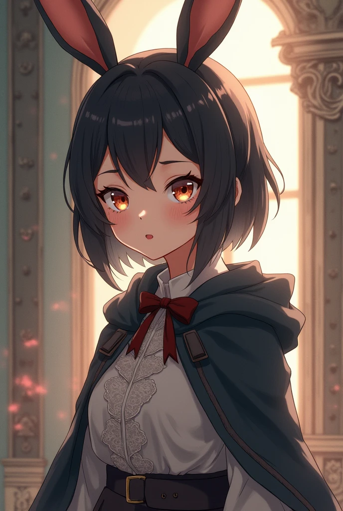 furry,anime girl, coelha, cute girl, human girl, rabbit ears, little red hiding hood, woman ,big boobs, black hair, tall , short hair , arms, antique clothes, short hair Short hair, short hair, little hair