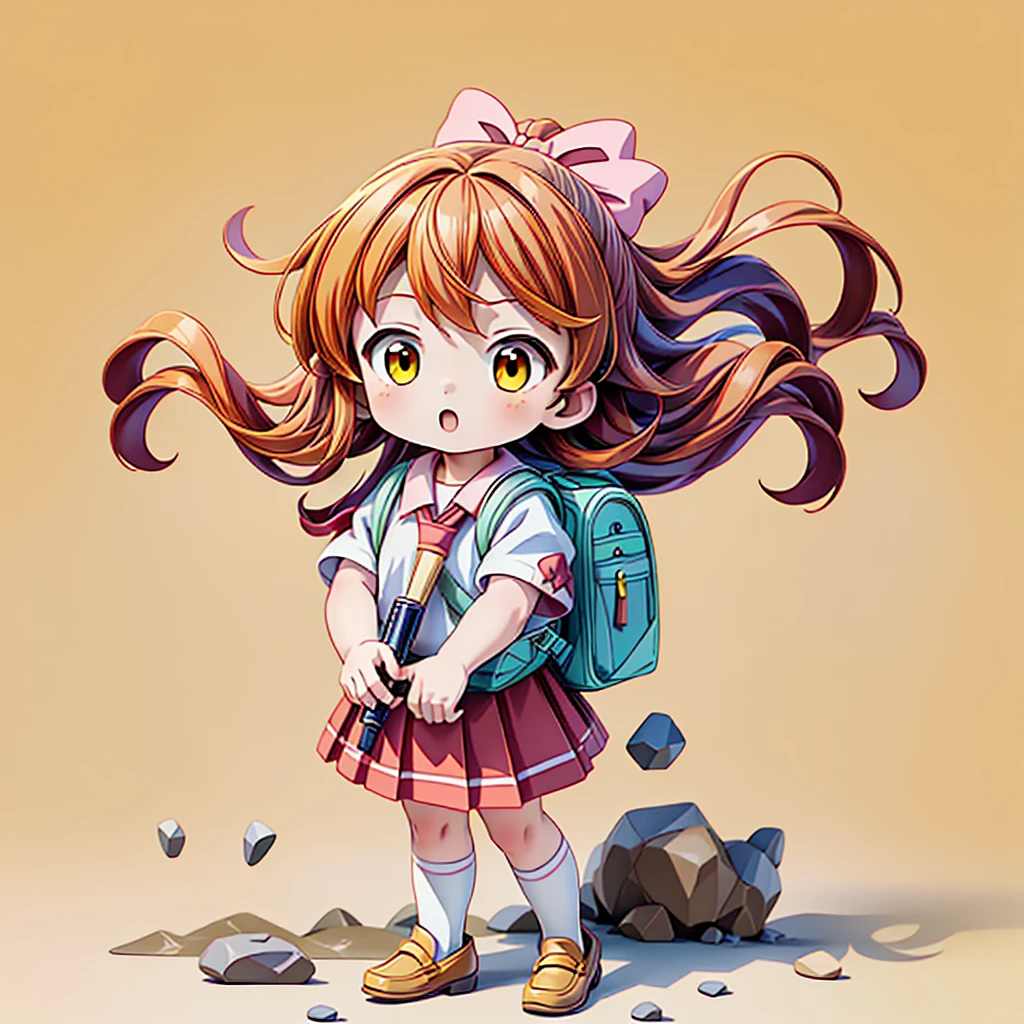 1girl,(((Perfect Anatomy、Highest quality、Masterpiece、Official Art、Super detailed、Dynamic structure、Anime Style)))、Elementary school students、Redワンピースで腰回りに黄色の大き目のボタン、White Y-shirt、Red🎀、White knee-high socks、Brown Loafers、Carrying a red backpack、Recorder is visible from the school bag、Being buffeted by strong winds、Image from above、Strong wind blowing from the viewer's side、Strong wind blowing from the direction of travel, hair blowing back、Yellow simple background、