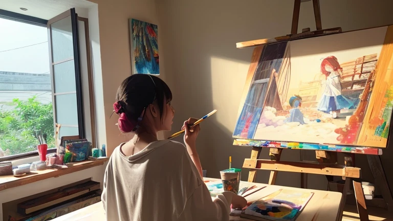 An anime character holding a paintbrush and painting at home,Girl, Picture book atmosphere, coloer full, Anime aesthetics,