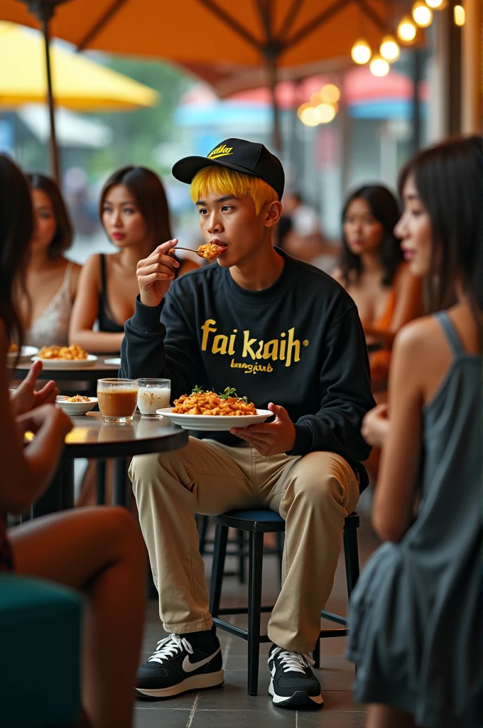 make me a hyper realistic photography HD 18K photo showing a handsome Indonesian man with yellow skin, short yellow hair wearing a Skecher hat, wearing a crewneck sweater that says "Faiz Kasih" in a complicated font style, beige chino pants, and black and white Nike shoes. The man is seen sitting while bathing Thai Bangkok chicken. in the background there are many beautiful and sexy women looking at the men around them.