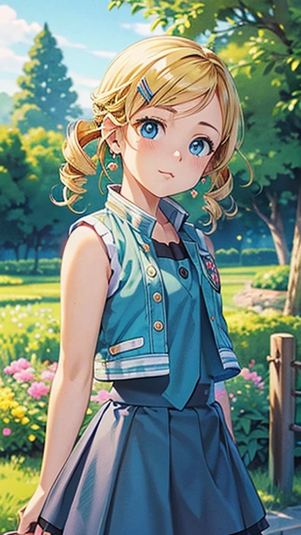 (1girl, ppgzbb), (extremely detailed CG unit 8k wallpaper),(master part), (best quality), (ultra detail), (best illustration),(Tsukasa-Hojo-Style), cowboy shot, (Sharp eyeliner, ombre, detailed eyes:1), garden, outdoors ,GHIBLI_Background, break , upper body,(blue eyes, blonde hair, twin drills, hairclip, earrings, vest, blue skirt, short skirt), standing,