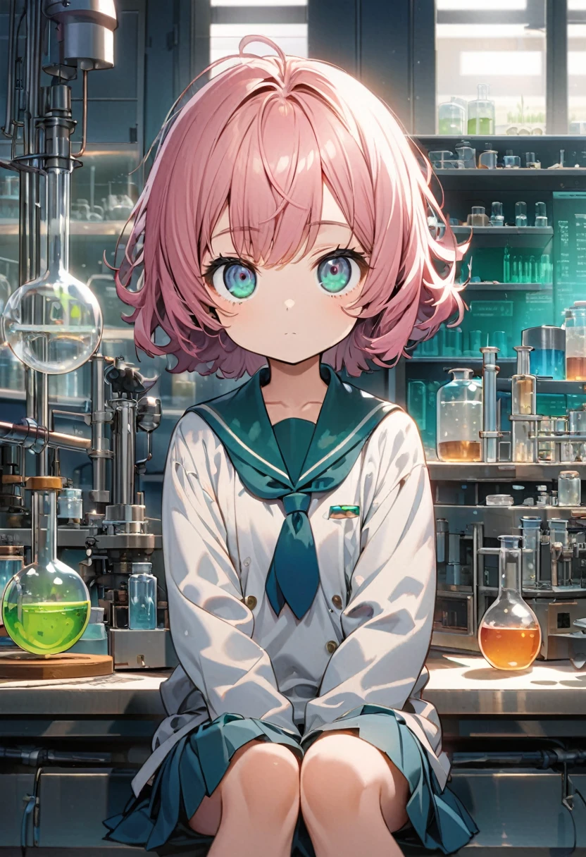 Haibara Ai \(Meitantei Conan\), (short hair), (pink hair), (teal eyes):1.2, (7 years old), (Girl school uniform), ((expressionless)), ((ultra-detailed)), ((illustration)), ((shaggy hair)), (beautiful detailed eyes), (female), 1girl, (sitting), ((laboratory, morning)), looking at viewer