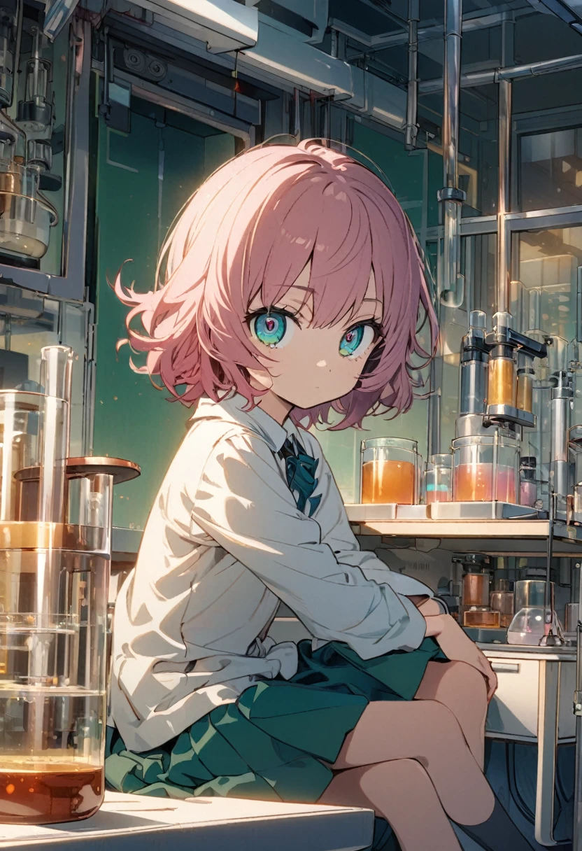 Haibara Ai \(Meitantei Conan\), (short hair), (pink hair), (teal eyes):1.2, (7 years old), (Girl school uniform), ((expressionless)), ((ultra-detailed)), ((illustration)), ((shaggy hair)), (beautiful detailed eyes), (female), 1girl, (sitting), ((laboratory, morning)), looking at viewer