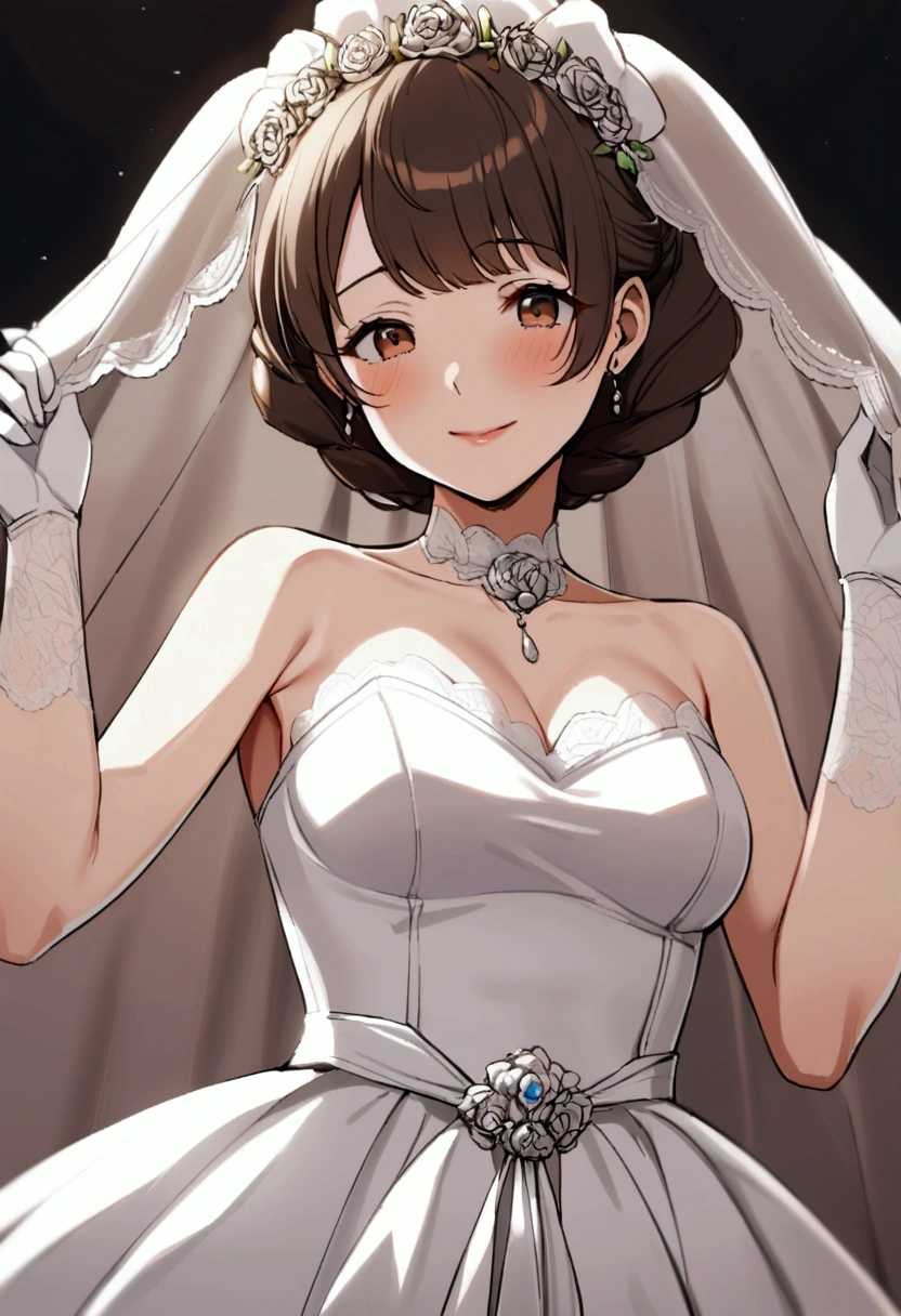60 years old aunt, short dark brown hair, brown eyes, gentle, wearing wedding dress