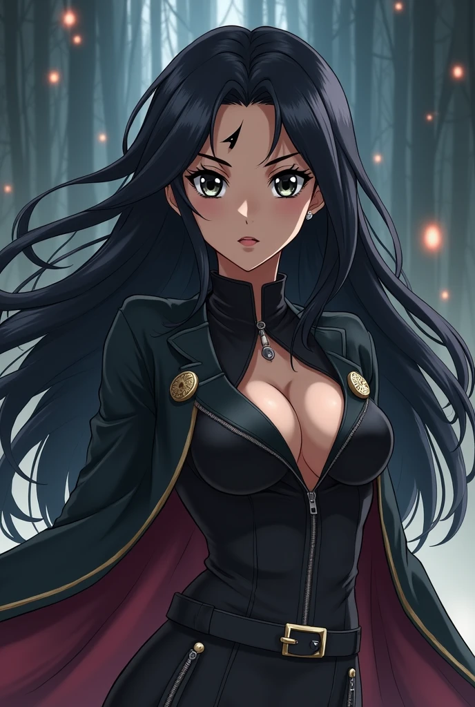masterpiece,stunning realistic,best quality,sharpness,sharp face,smil,Rot im Gesicht sein,Photo of the upper body
black long hair,purple eyes,big ,tanktop,cargopants with many pockets,black cloak,silver necklace,silver chain,black gloves