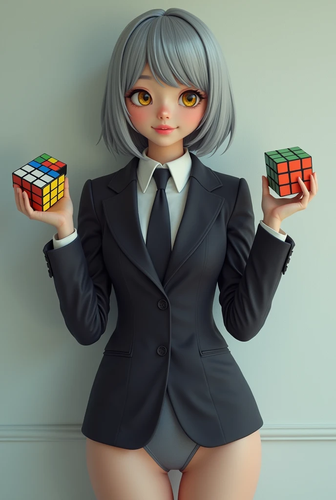 Semi-realistic art style. Face is low-detailed compared to everything else. Woman with a suit and tie. She smiles with teeth showing. Her eyes are yellow. She is in her grey panties. Bangs cover her forehead. Her hair is grey. She holds two Rubik’s cubes, one on each hand. 