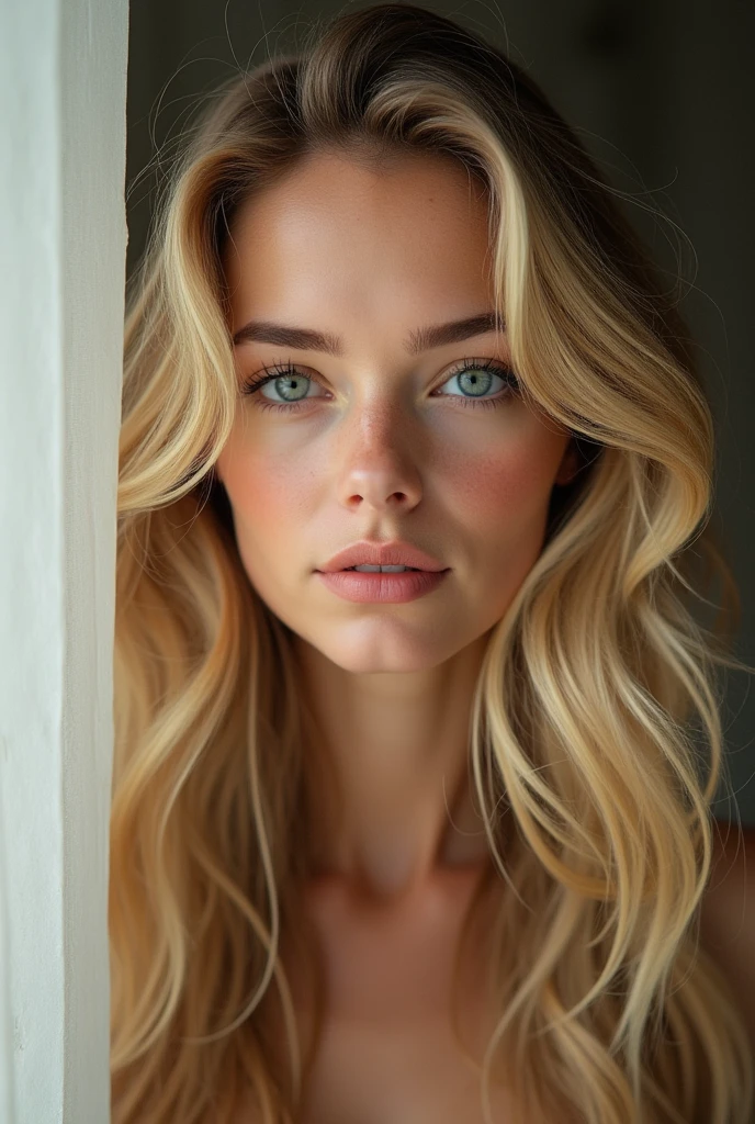 create a realistic image of a 20 year old woman, Longs cheveux blonds, Realistic and sexy blue-green eyes