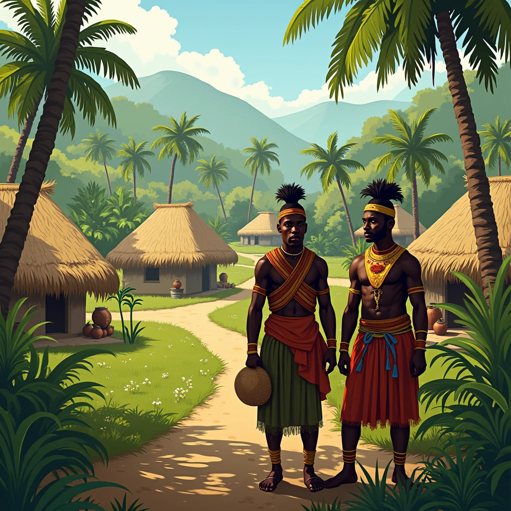 A reference image for a game environment I want to create of the story of moremi ajasoro, an image of a small village with huts and trees and grass and some Igbo warriors, make the image in a way I can see the whole village