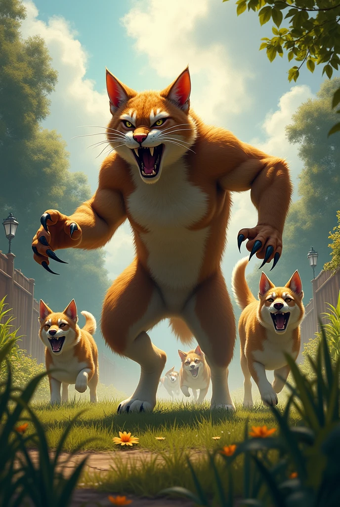**Whiskers Chasing Away the Dogs:**
- **Prompt:** "A dramatic scene where Whiskers, the cat-human hybrid, is seen driving away a group of scared, retreating dogs from a garden. Whiskers stands tall and fierce, his fur bristling, and his clawed hands outstretched as he growls at the fleeing dogs. The dogs are shown running away with expressions of fear and surprise. The sky is clearing up as sunlight begins to break through the clouds, symbolizing the victory of Whiskers in protecting his kitten."
