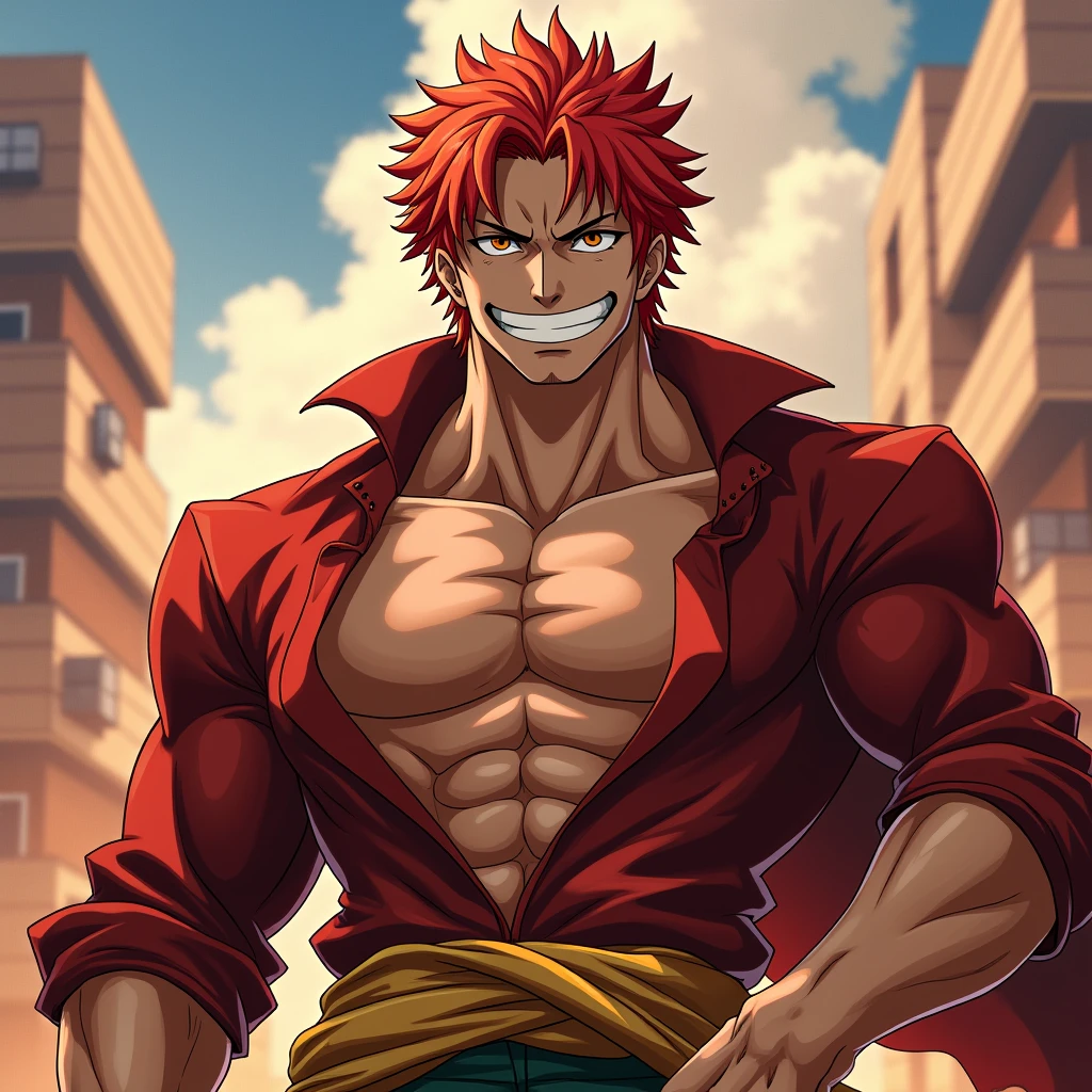 ((masculine)),best quality, master part,Red hair, Brown eyes, Estilo One Piece, upperbody,great smile