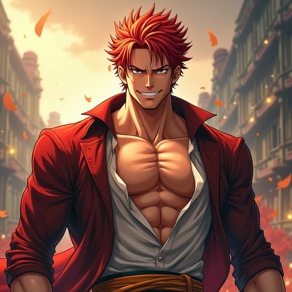 ((masculine)),best quality, master part,Red hair, Brown eyes, Estilo One Piece, upperbody,great smile